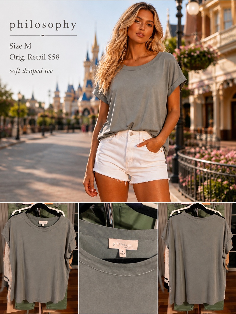 Philosophy Sage Green Soft Draped Short Sleeve Tee